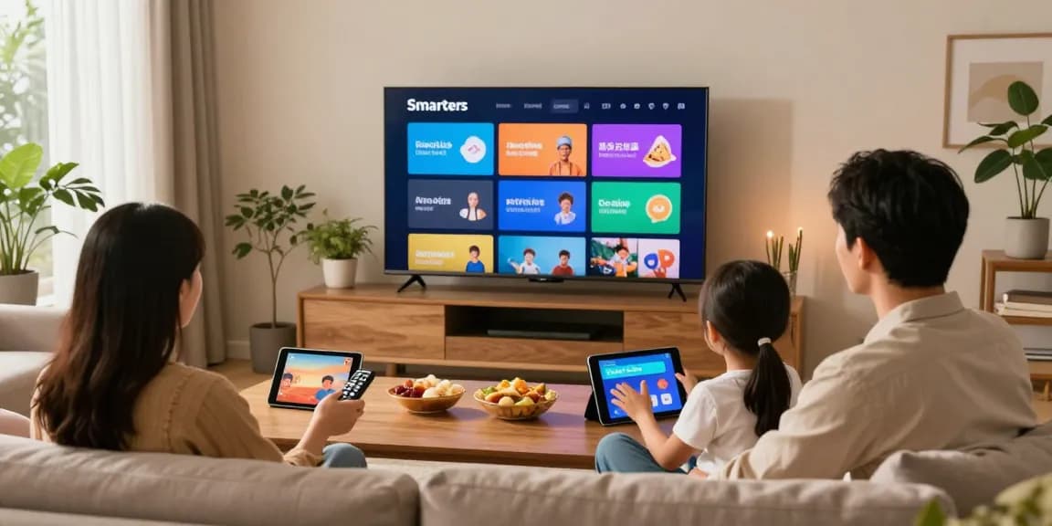 Familie genießt IPTV Smarters im Wohnzimmer mit großem Fernseher, lebendige Umgebung und gemütliche Atmosphäre.