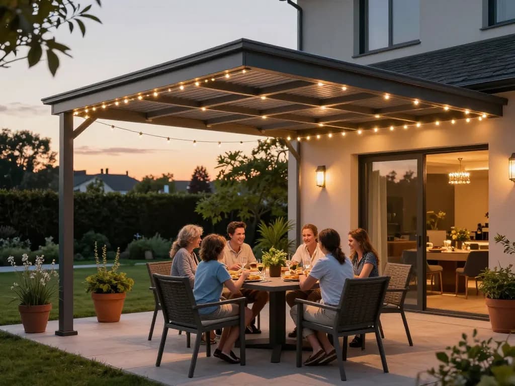 Familie genießt ein Abendessen unter einer stilvollen Terrassenüberdachung in einer malerischen Gartenkulisse.