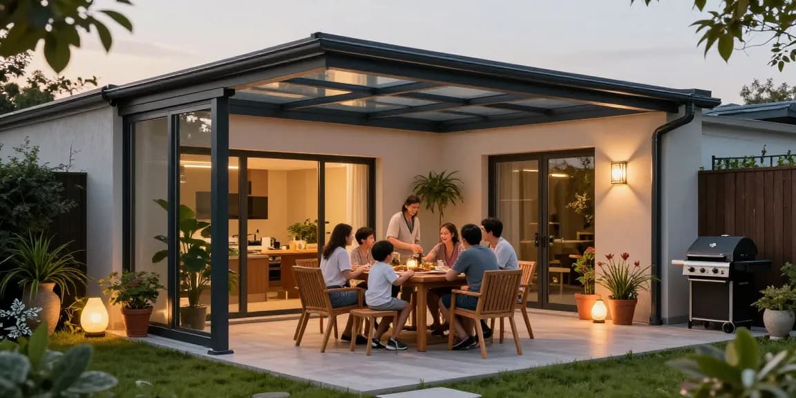 Moderne Terrassenüberdachung mit Familie beim Essen im Garten