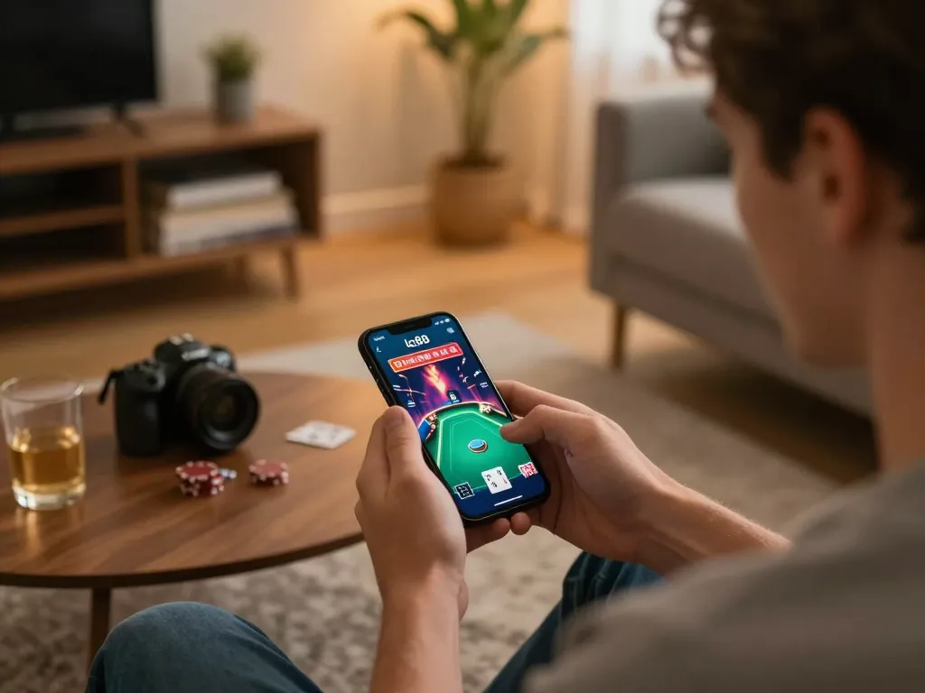 Engaged player using the app lc88 on smartphone for an exciting online poker game in a cozy living room.