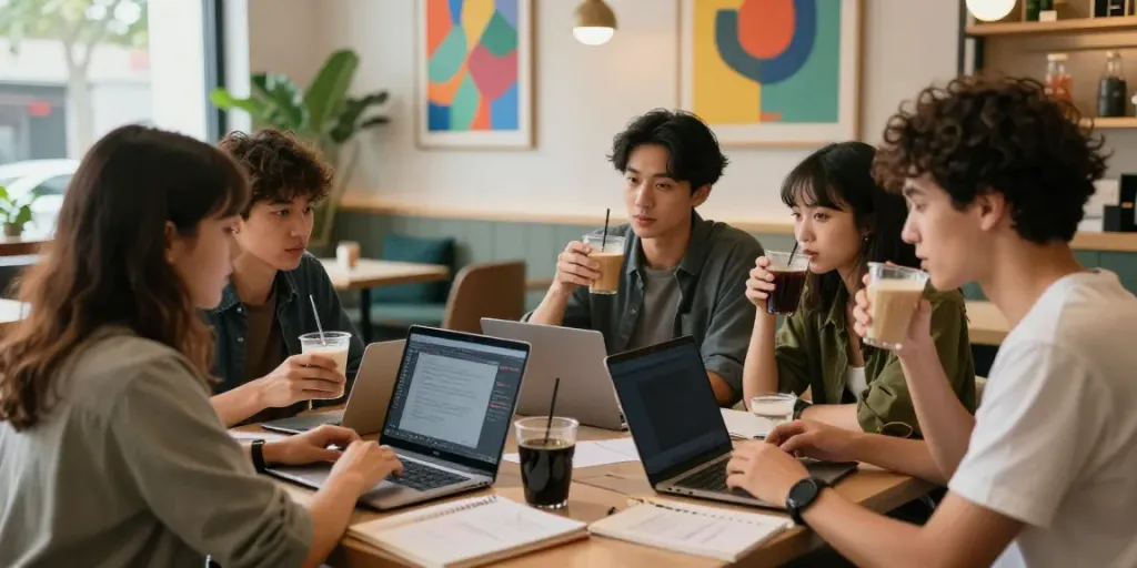 Young adults at a café discussing ideas with rokok88 branding and modern decor.