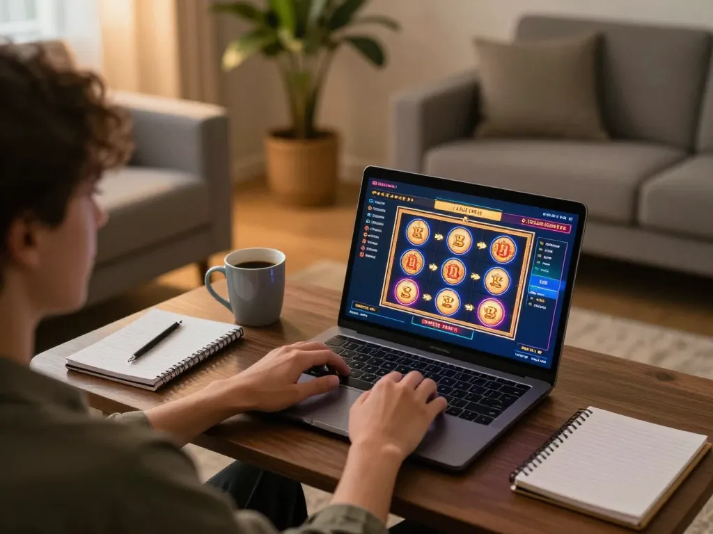 Player enjoying an online SC88 casino experience on a laptop, showcasing vibrant slot games.