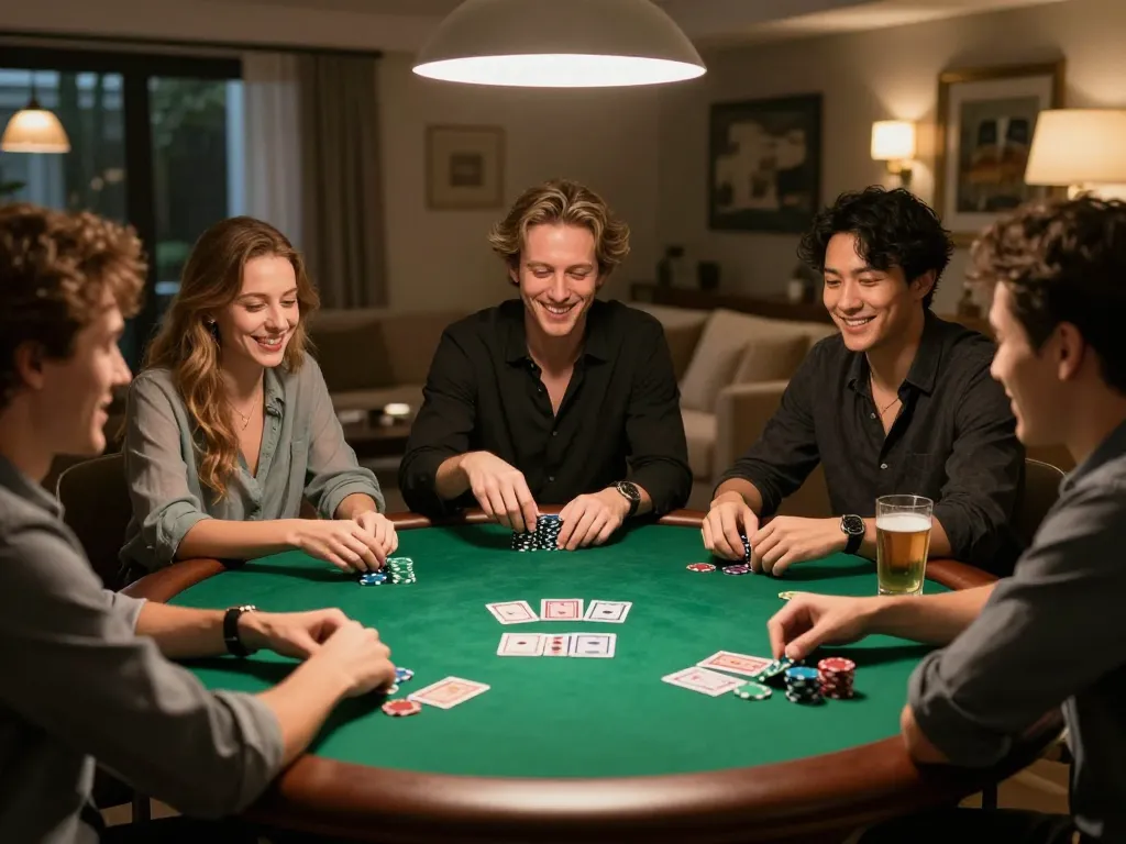 Friends enjoying a lively poker night at home while playing Kkwin games.
