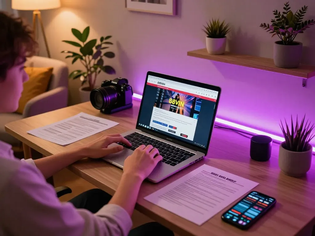 Player engaging with the 88VIN online casino platform on a stylish desk setup, showcasing modern gaming.