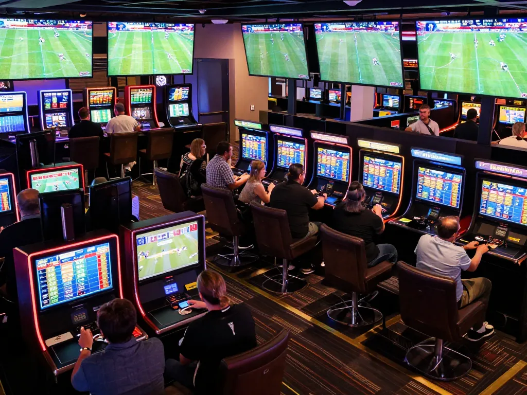 Tỷ lệ bóng đá kèo nhà cái depicted in lively sports betting environment with players analyzing odds and placing wagers.