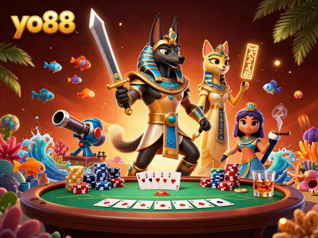 Experience thrilling action at yo88 with vibrant fish shooting and poker elements in a captivating scene.