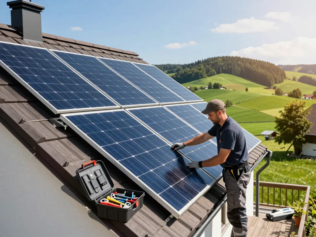 Photovoltaik Bayern Installation mit Techniker auf dem Dach in Bayern.
