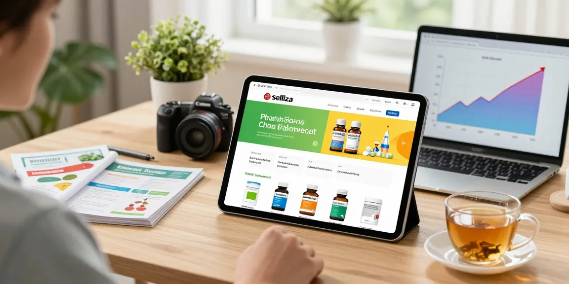 Das Bild zeigt das Selliza Pharma Shop Erlebnis, mit einer Person, die gesundheitsfördernde Produkte online durchsucht, umgeben von Kräutertee und gesunder Atmosphäre.