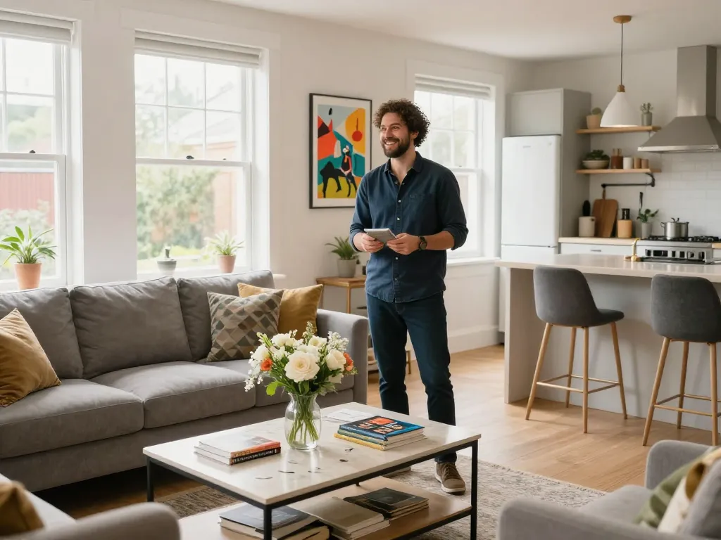 Airbnb management Reading: cozy living room scene with a host welcoming guests in a stylish property, showcasing warmth and comfort.