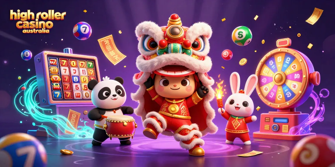 High roller casino Australia scene showcasing vibrant slots and dynamic characters in action.