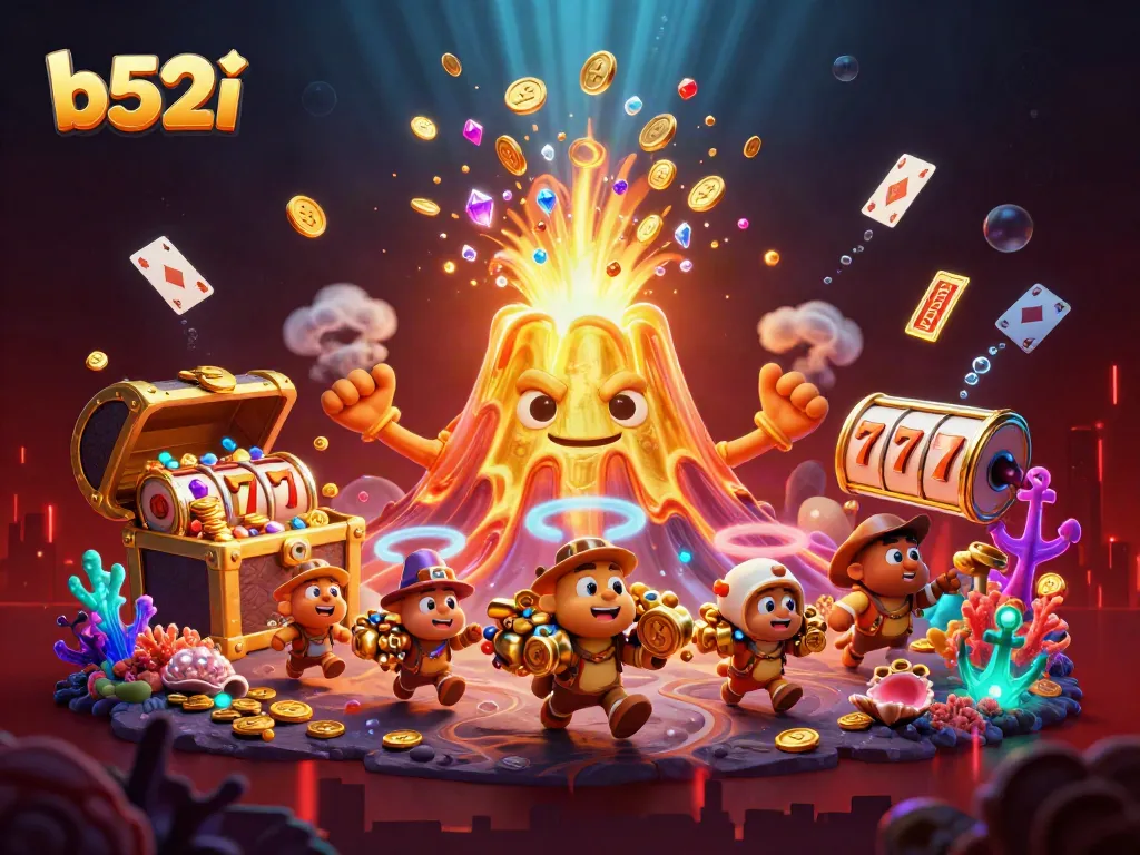 Win big with b52i in a vibrant casino illustrated scene showcasing golden treasures and slot elements.