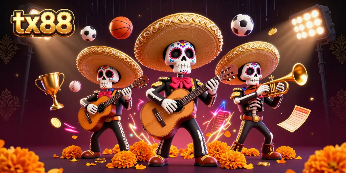 Engage in thrilling sports betting with tx88 as colorful 3D skeleton mariachi band accompanies dynamic soccer and basketball elements.