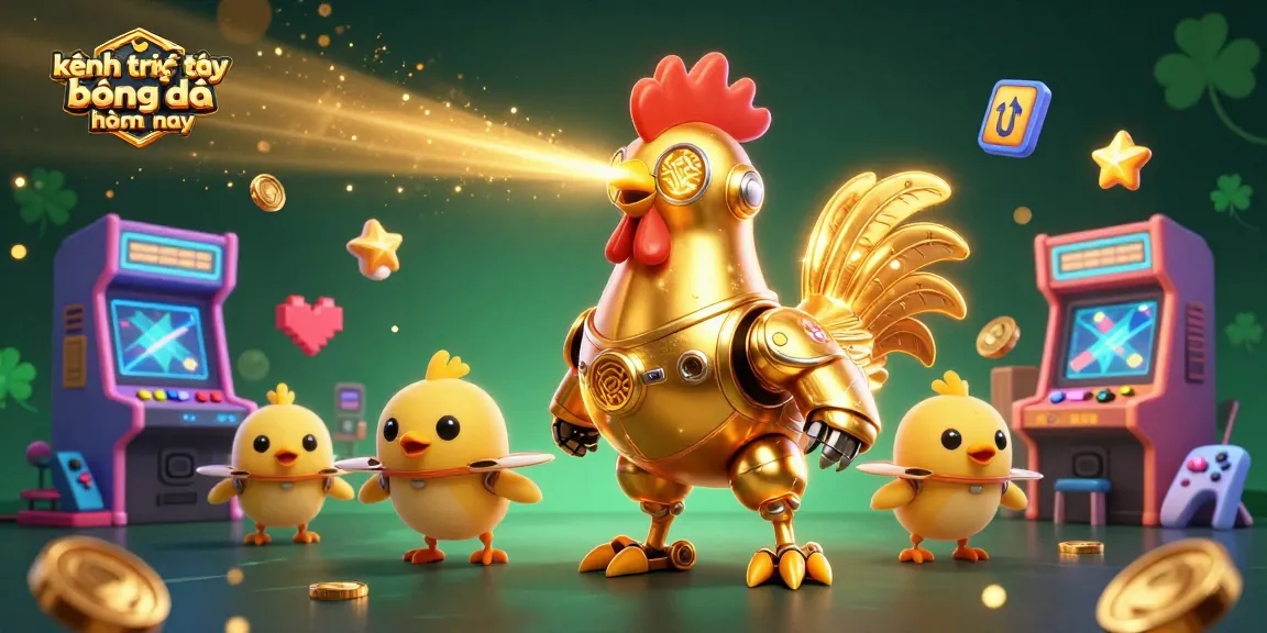 Engage with kênh trực tiếp bóng đá hôm nay showcasing a lively 3D scene of a golden rooster robot surrounded by baby chick drones and gaming elements.