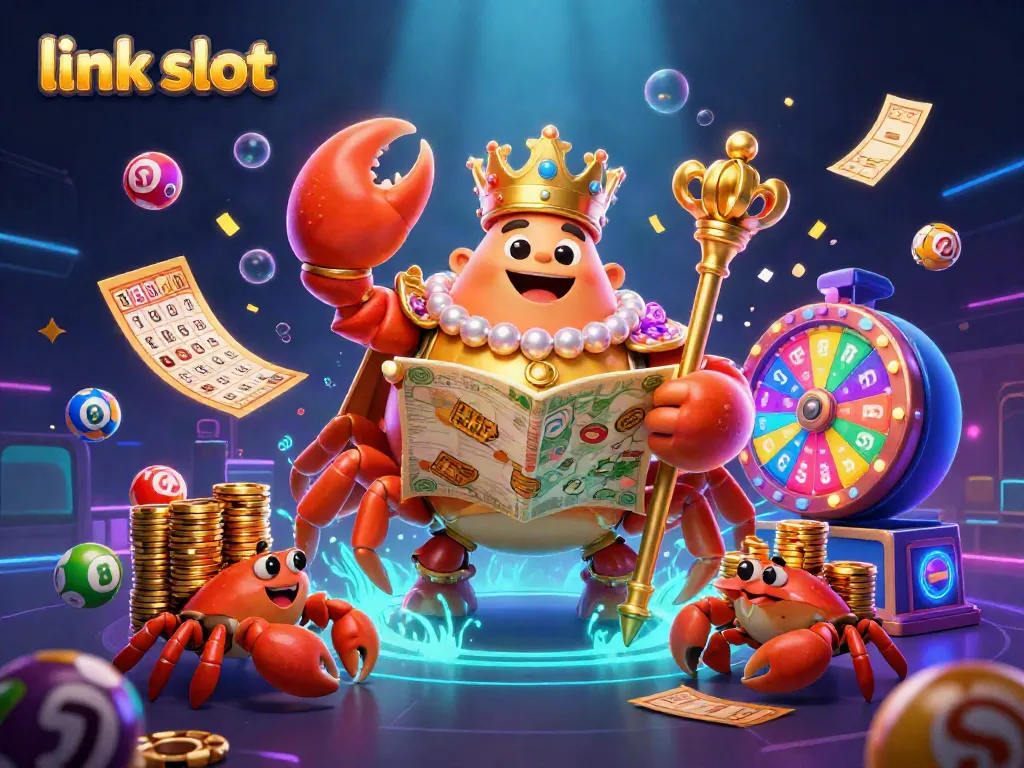 Engage with link slot excitement through our vibrant 3D illustration showcasing a golden crab emperor and colorful gaming elements.