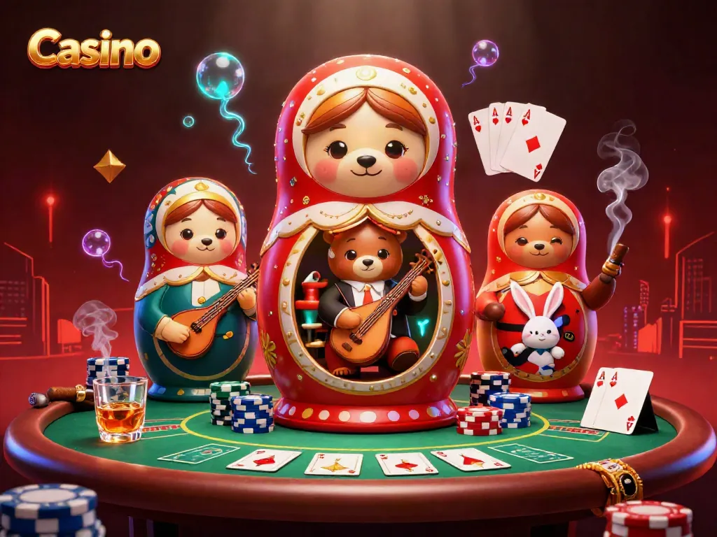 Casino action with Matryoshka bears and vibrant poker elements in a lively scene.