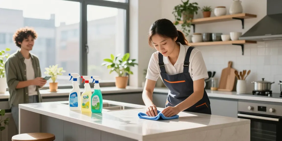 Professional cleaner at putzinstitut bern polishing kitchen surfaces, showcasing eco-friendly cleaning practices and client satisfaction.