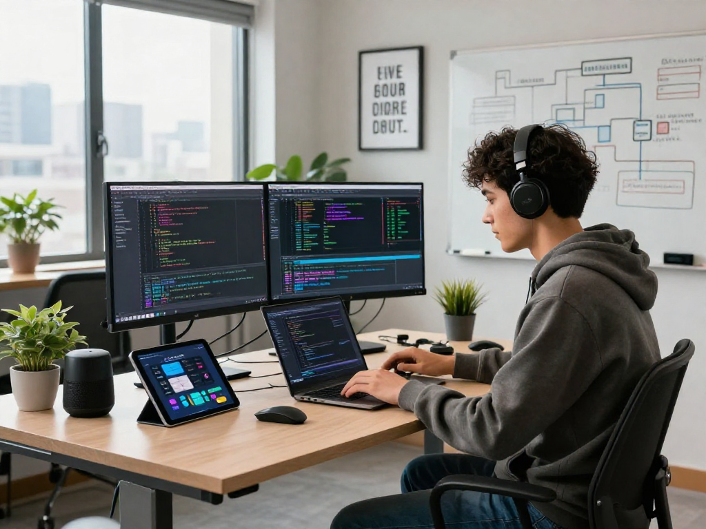 Innovative tech workspace featuring a developer coding on http://debet-app.com, surrounded by screens and gadgets in a modern office.
