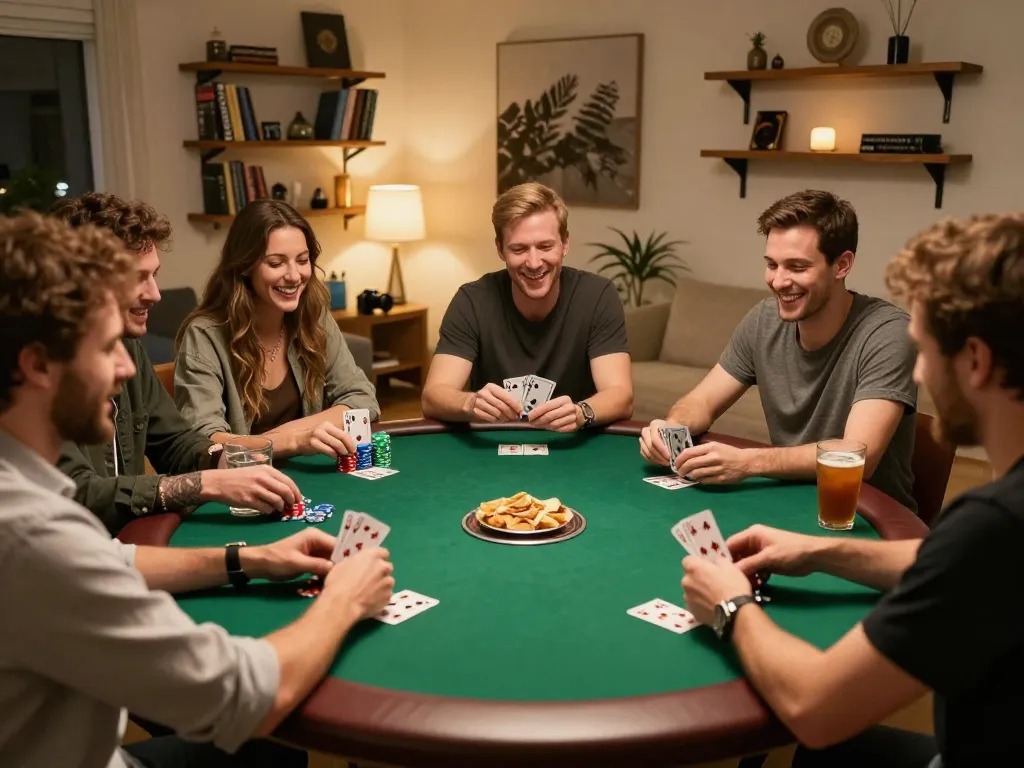 Players engaging in a lively poker game at home, showcasing dagago's casual gaming atmosphere and camaraderie.