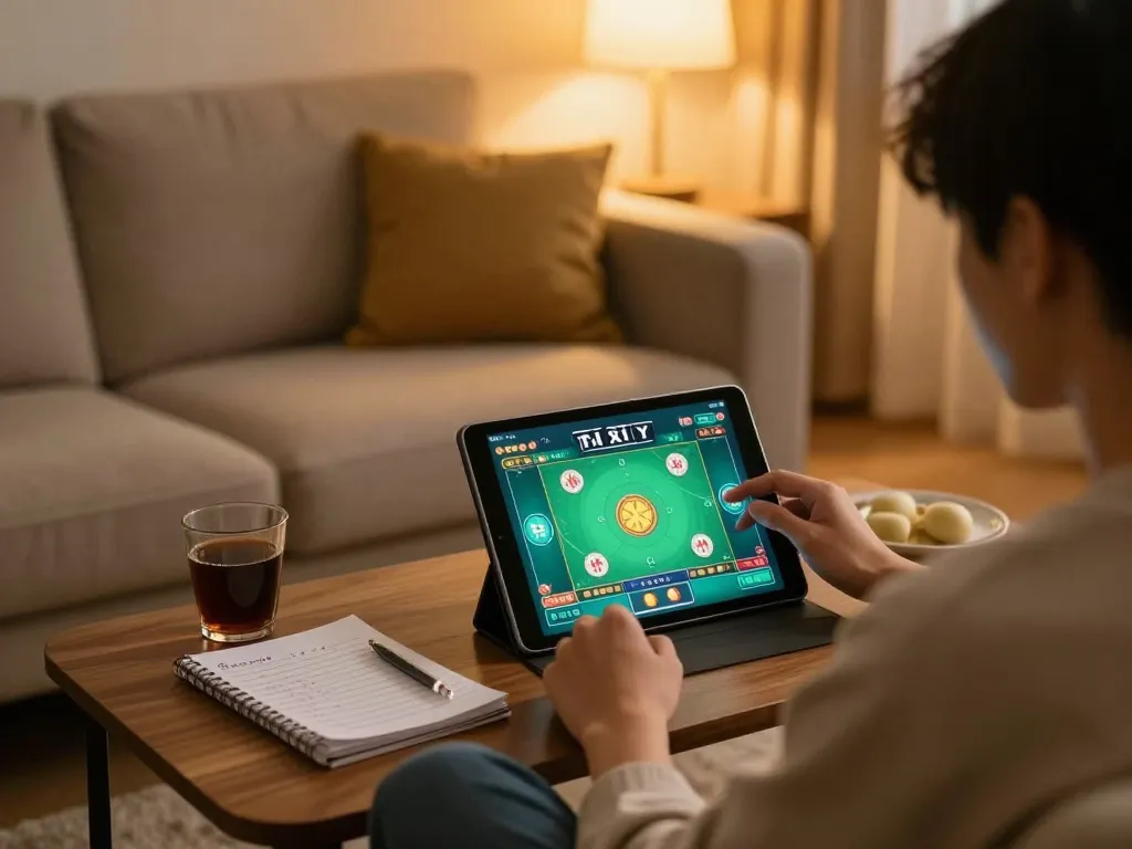 Engaging in game tài xỉu online at home with tablet and strategic notes for better betting