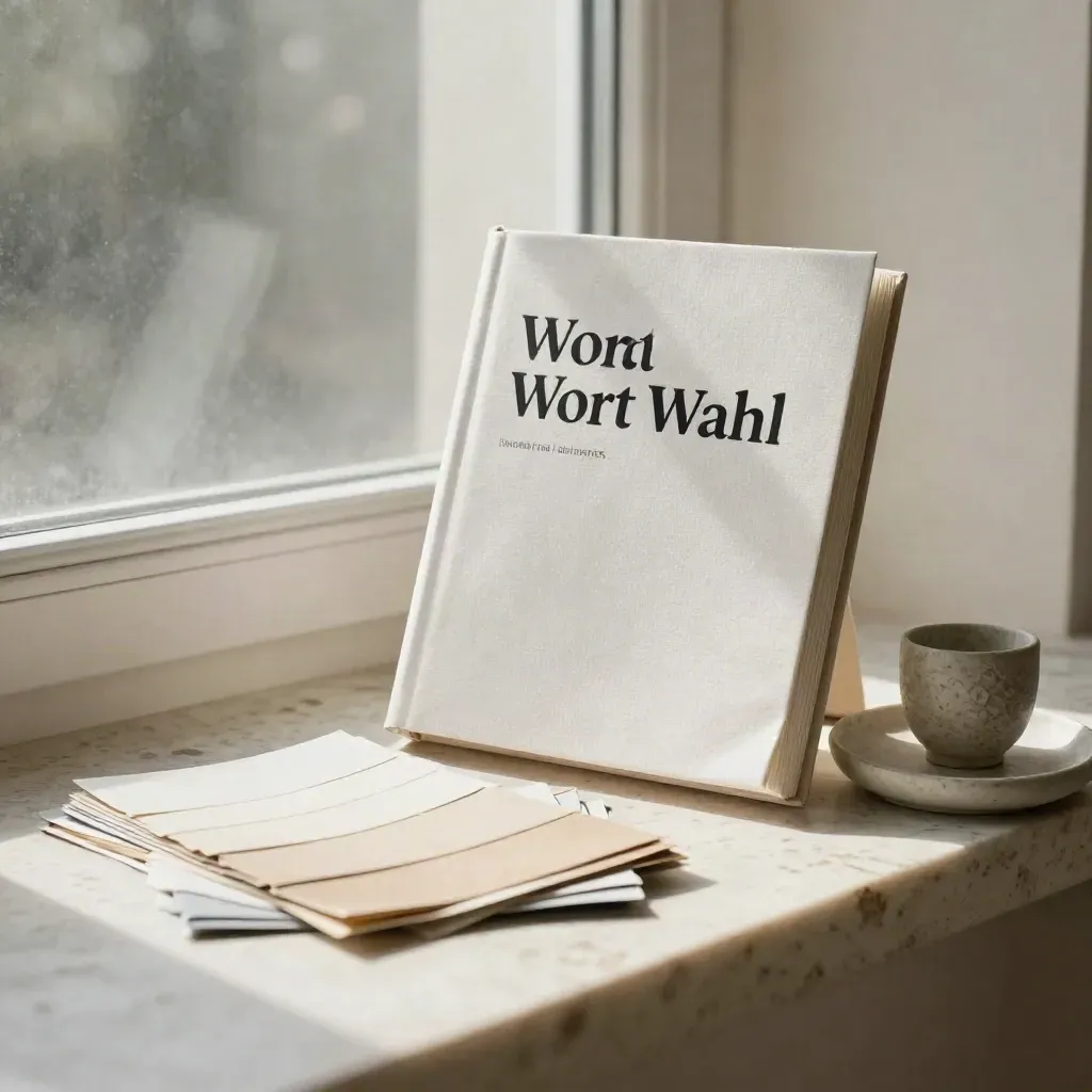 Wortlisten-Heft neben Farbmustern, Steinschale und Tablett auf hellem Travertin.