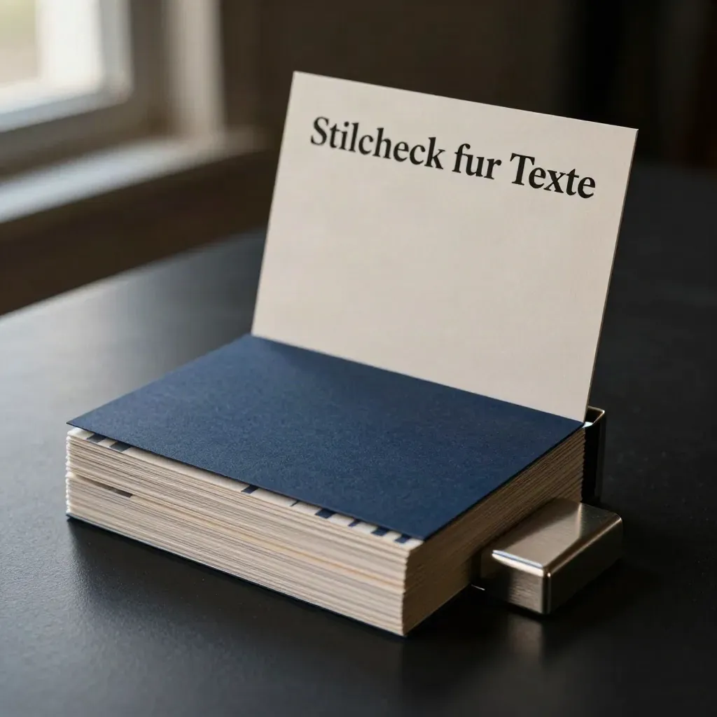 Bundles aus Prüfkarten, Hülle und Metallgewicht auf dunkler Studiofläche, dramatisch ausgeleuchtet.
