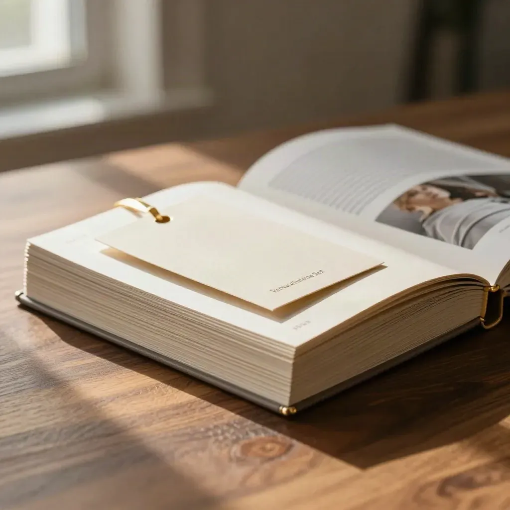 Verkaufswörter-Set mit Kartenstapeln und Golddetail auf warmem Holztisch.