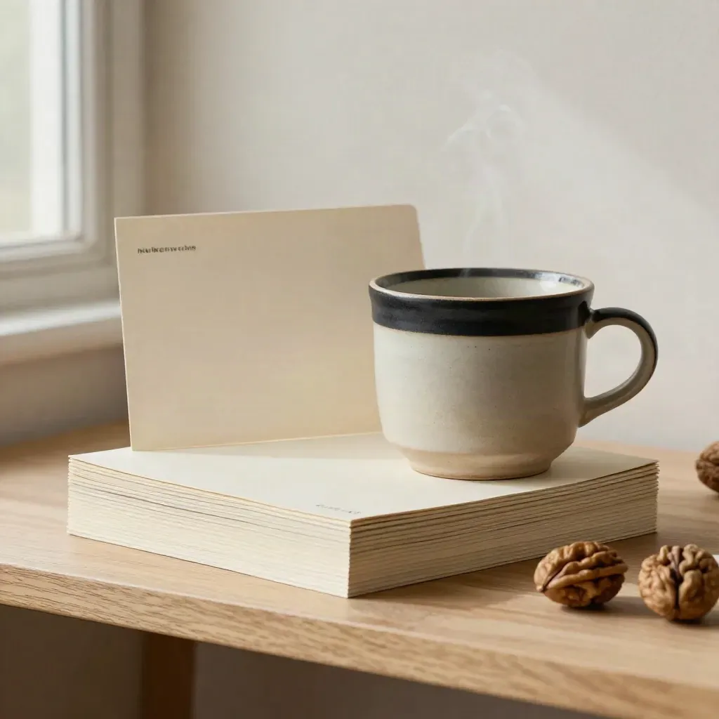 Markenworte-Set mit Kartenstapeln, Keramiktasse und gefaltetem Blatt auf hellem Holz.