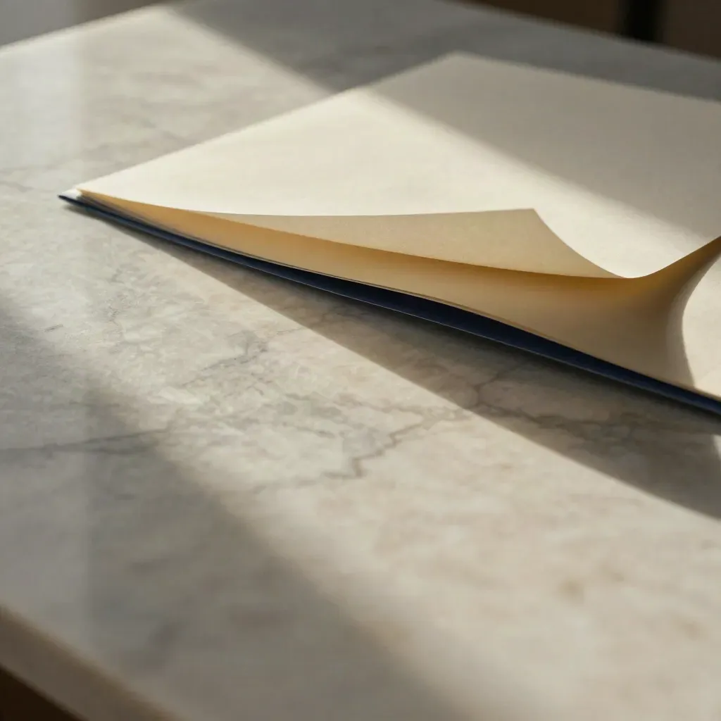 Marmorfläche mit gefalteter Papierkante und langem Schatten, unten viel ruhige Fläche
