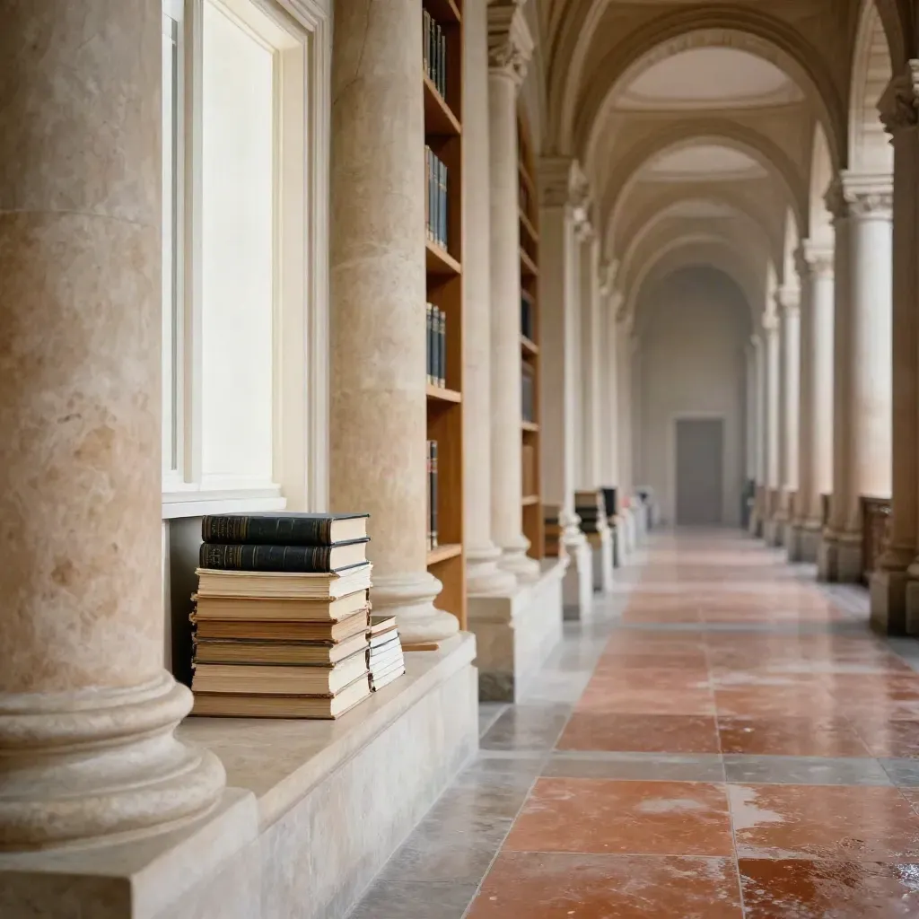 Steinerne Bibliotheksarkade mit Licht und ruhiger Fläche für Textüberlagerung.