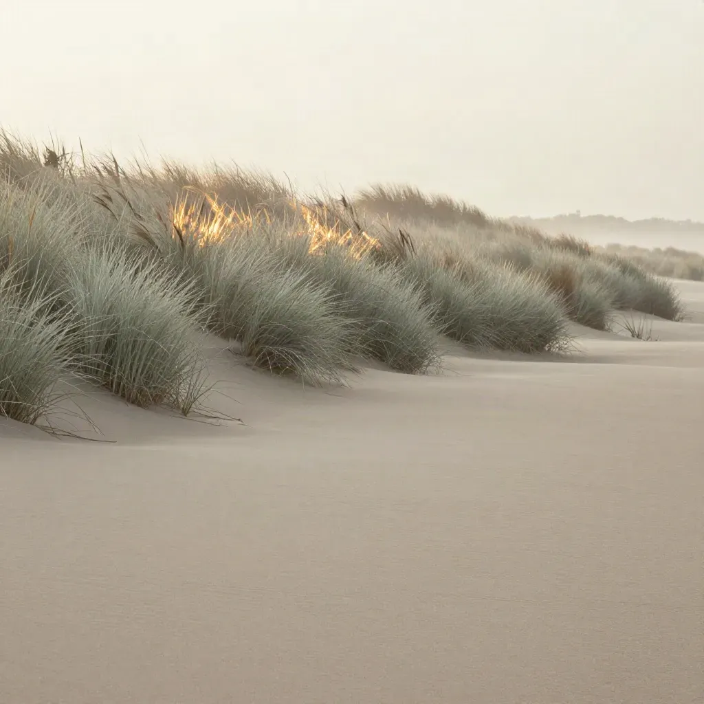 Morgennebel über einem Schilfdünenrand, heller Horizont und ruhige Sandfläche.