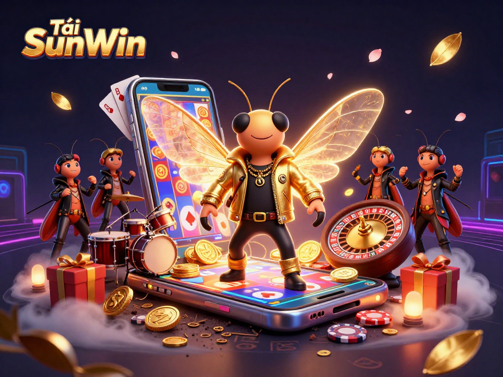 Tải SunWin showcases a vibrant, interactive gaming scene featuring a cartoon cicada rock star alongside casino elements.