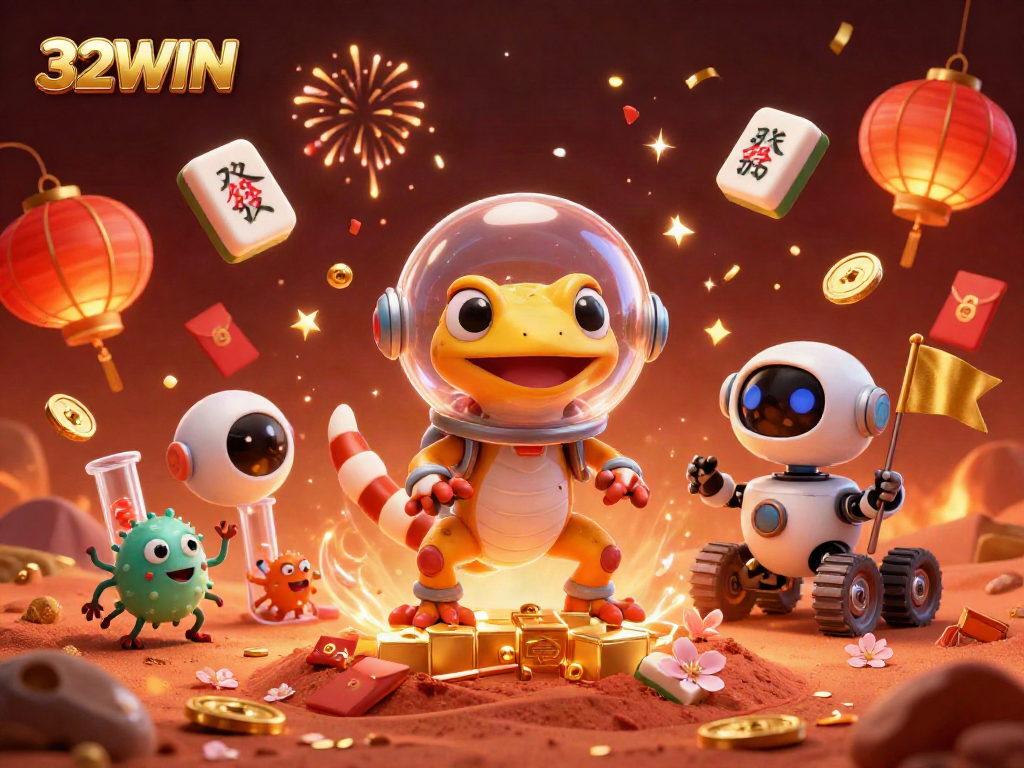 Experience the thrilling excitement of 32WIN's golden casino amid dynamic elements and characters.