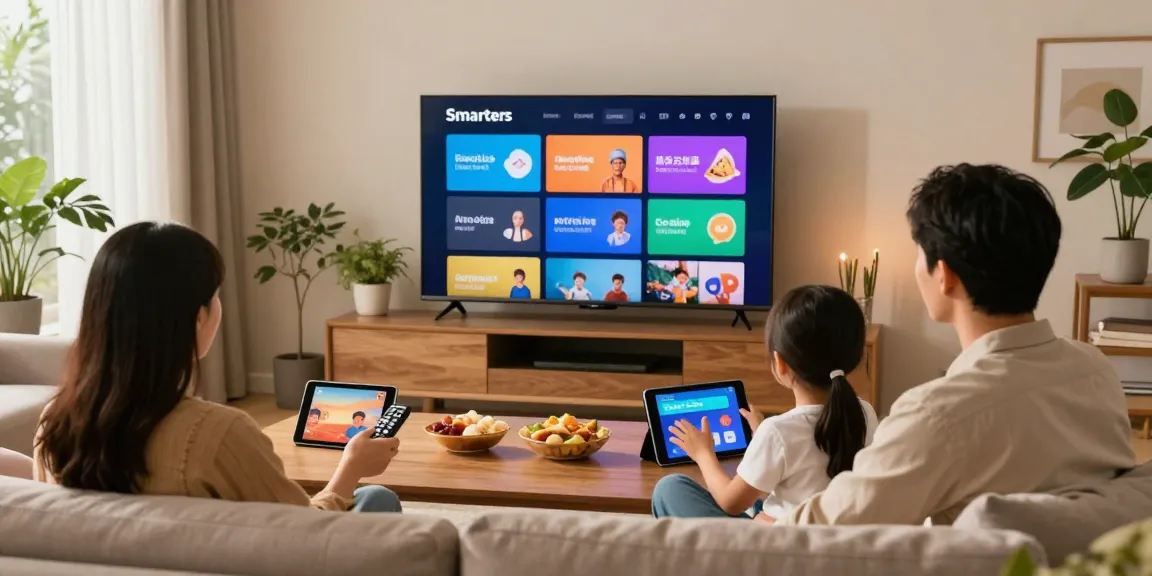 Familie genießt IPTV Smarters im Wohnzimmer mit großem Fernseher, lebendige Umgebung und gemütliche Atmosphäre.