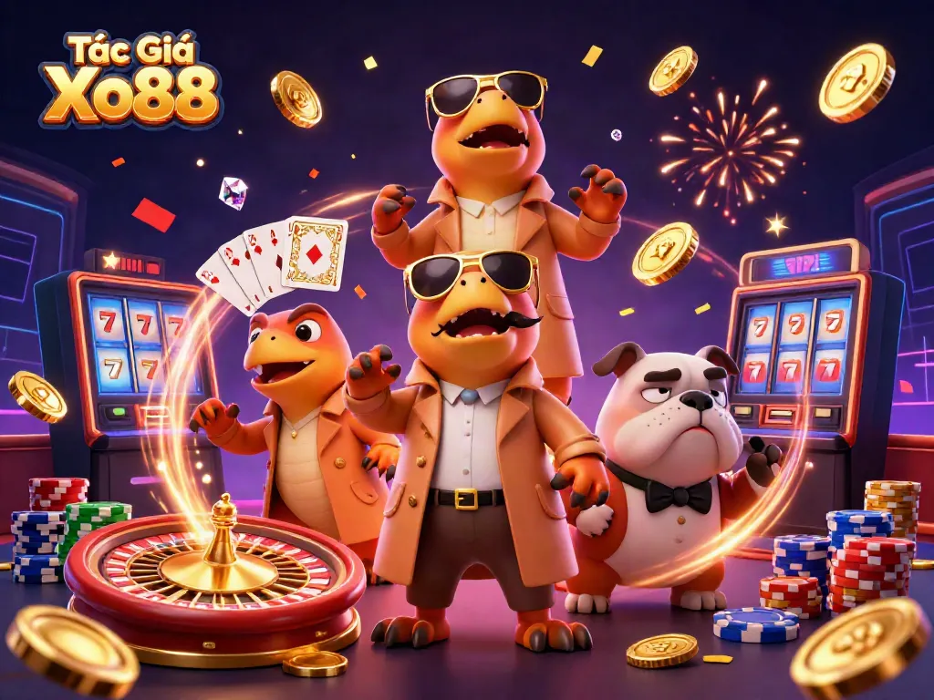 Experience the fun of gaming with Tác Giả Xo88 in this vibrant casino illustration.