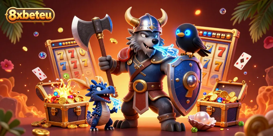 Engage with 8xbeteu's vibrant online casino scene featuring Viking warrior, dragon, and sparkling treasures.