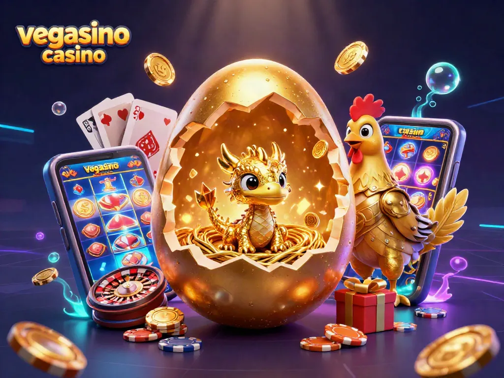 Experience the excitement of vegasino casino with a vibrant 3D illustration featuring a golden dragon and slot games.