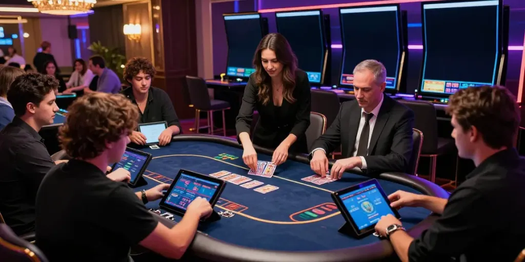 Exciting live casino scene highlighting fc88's vibrant online gambling experience with players engaging in high-stakes poker.
