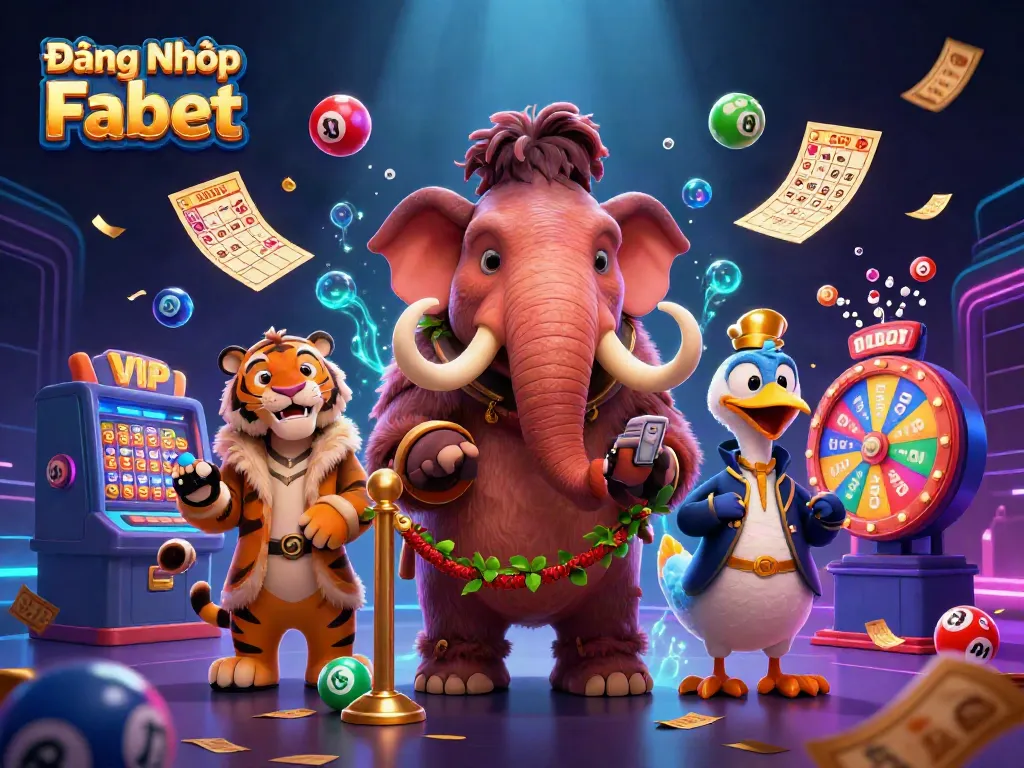 Engage in Đăng Nhập Fabet with vibrant visuals featuring a cartoon woolly mammoth bouncer and lively casino elements.