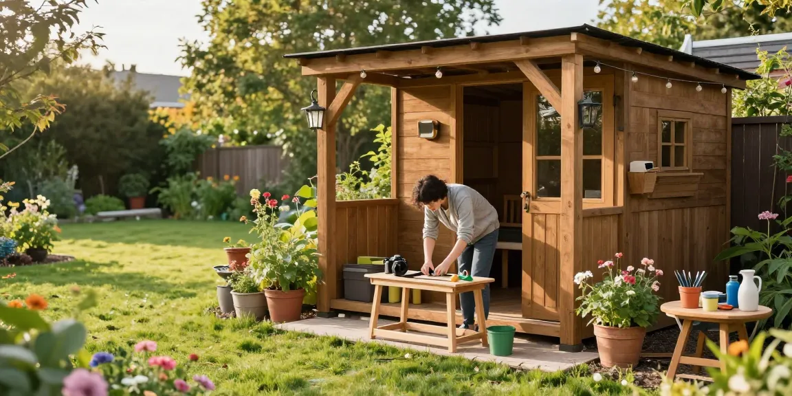 Stabile Gartenhäuser von McGarden24 im Garten, Person montiert Gartenmöbel.