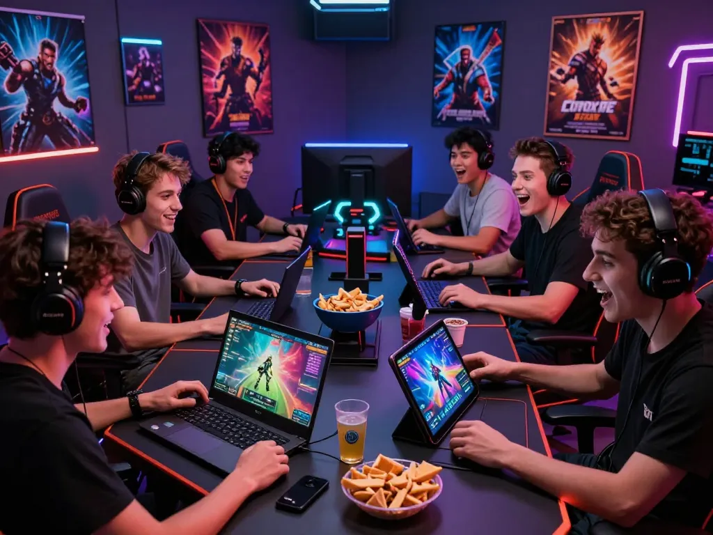 Group of gamers enjoying an online porn game at a vibrant gaming table with devices showcasing adult game graphics.