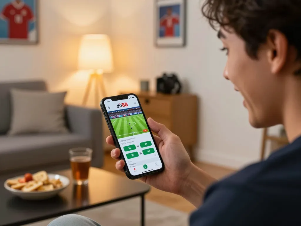 Engaging in sports betting action on nhà cái dn88 app from the comfort of home.