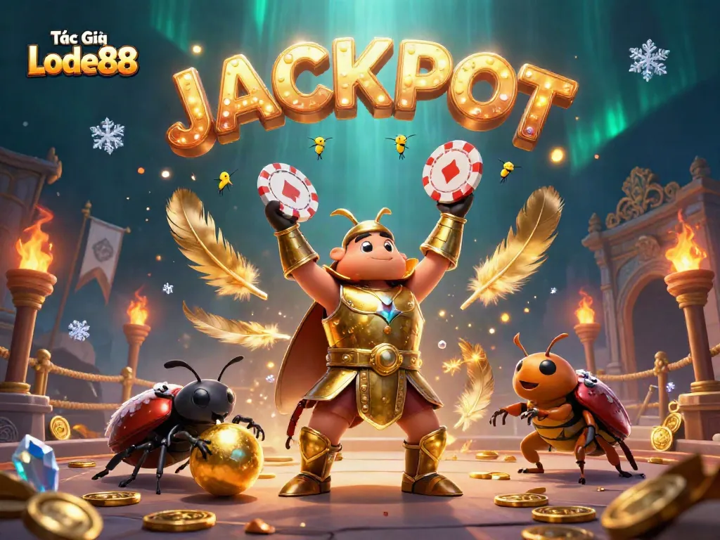 Tác Giả Lode88 showcases heroic beetles celebrating a jackpot win in a vibrant casino scene