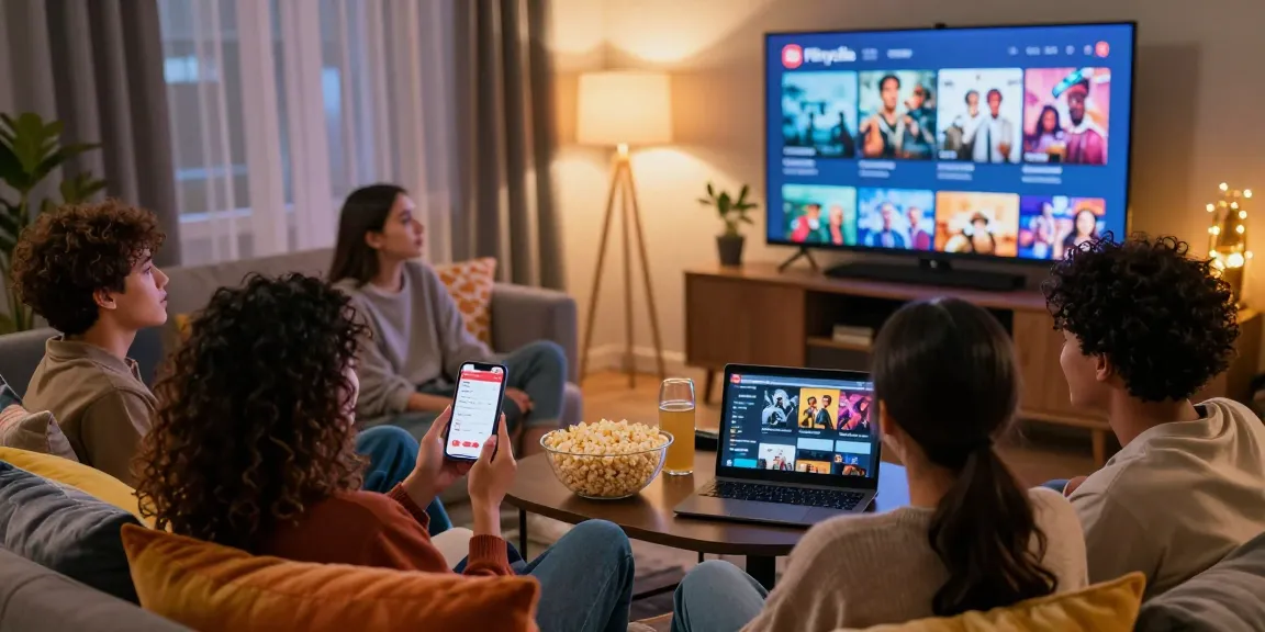 Diverse friends enjoying movie night with Filmyzilla APK on a large screen in a cozy living room.