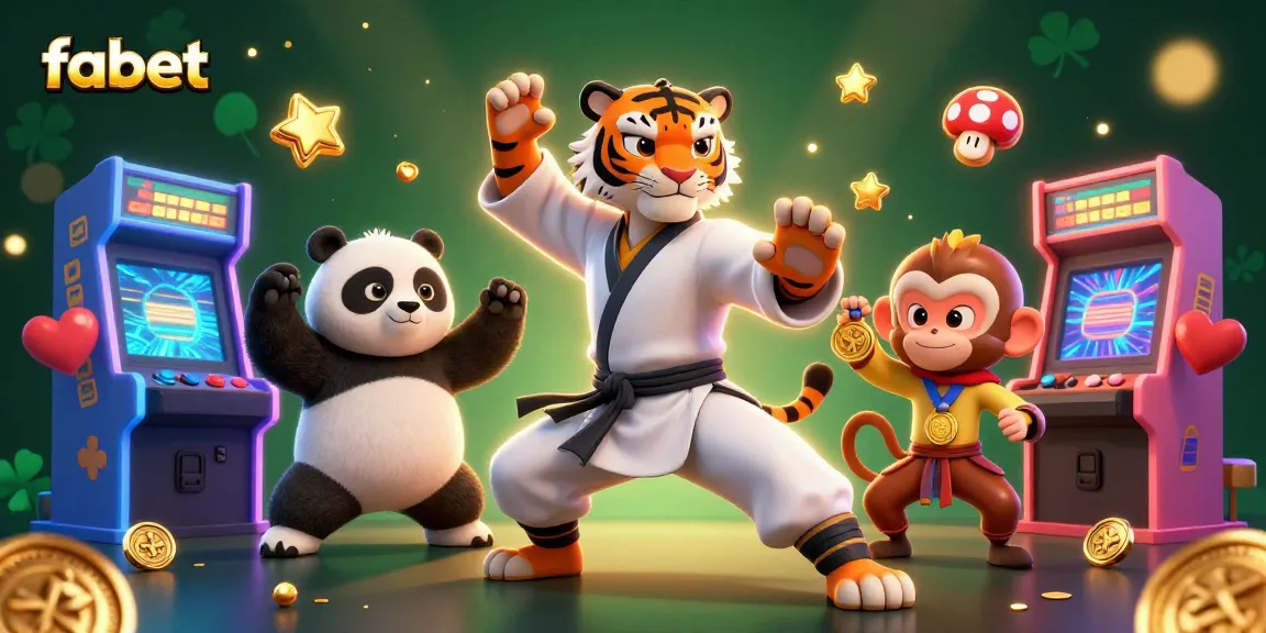 Experience fabet action with a kung fu tiger, panda disciple, and monkey stealing a medal amid vibrant casino game visuals.