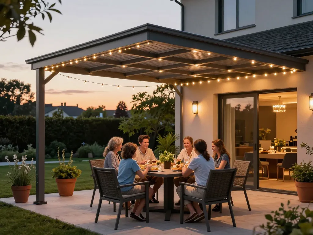 Familie genießt ein Abendessen unter einer stilvollen Terrassenüberdachung in einer malerischen Gartenkulisse.