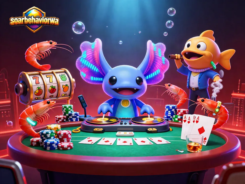 Experience gaming thrills with soarbehaviorwa in a vibrant casino scene featuring underwater characters and slots.