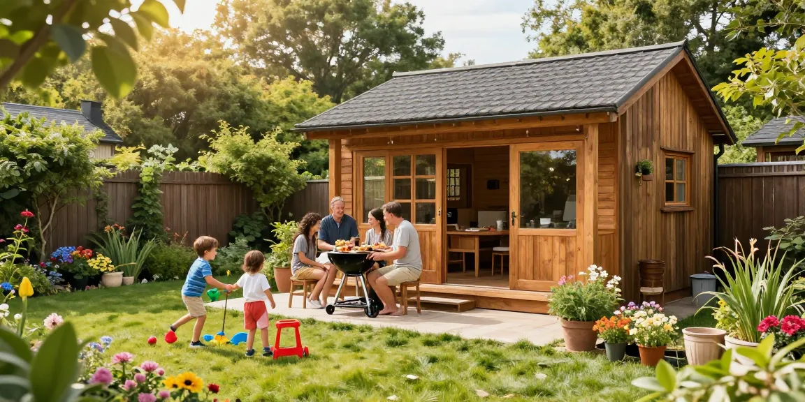 Gartenhaus kaufen: Familie genießt das Leben um ein Holz-Gartenhaus im blühenden Garten.