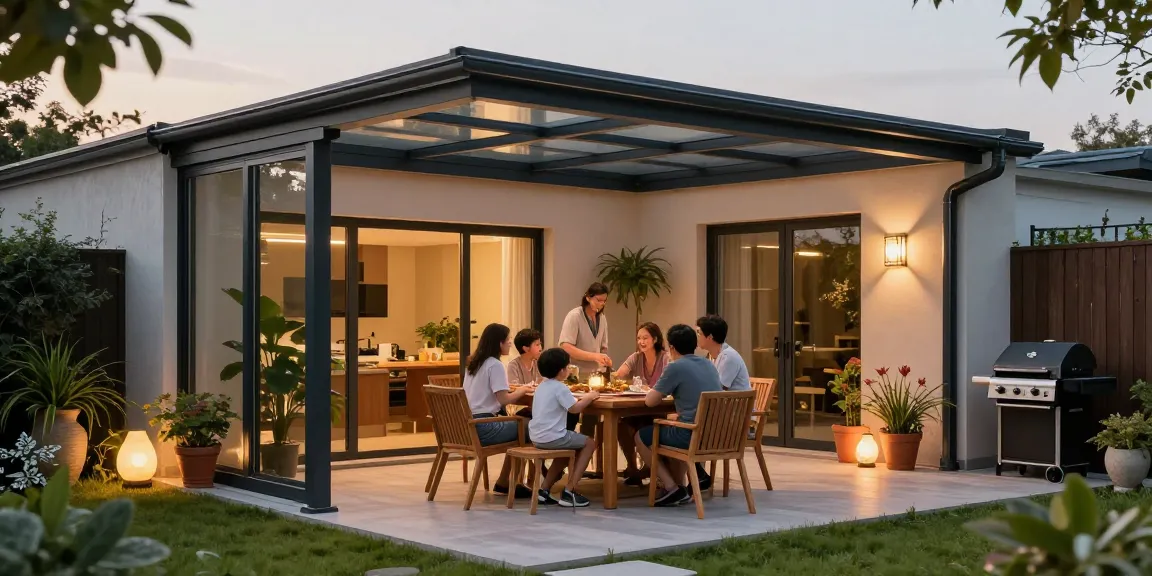 Moderne Terrassenüberdachung mit Familie beim Essen im Garten