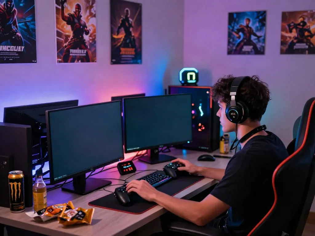 Gamer actively playing on https://du88az.net/ with vibrant LED lighting and snacks around.