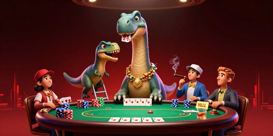 98WIN showcases a playful poker scene with a brontosaurus dealer and colorful chips.